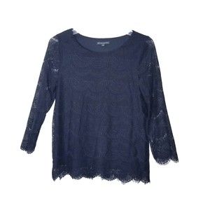 Adrianna Papell Shirt Women Size Small Black Lace Lined Scalloped Hemline